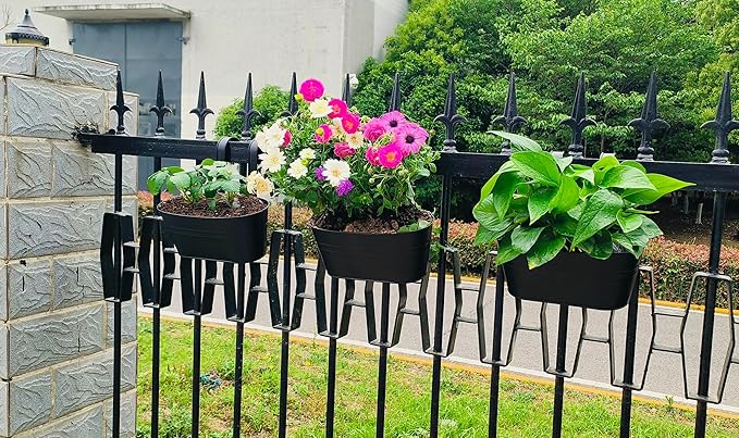 Cornasee 10.6" Metal Railing Planter for Fence/Balcony/Window/Outdoor, 5-Pack Hanging Planters Vintage Flower Pot with Detachable Hooks for Strawberry,Herb,Cactus Black
