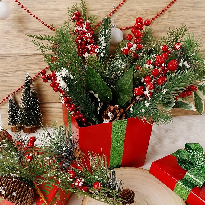 DR.DUDU 12 Packs Holiday Faux Christmas Evergreen for Wreaths, Swags, Topiaries, Elements Include Types of Evergreens, Holly Leaves, Winter Berries, Pine Cones, Laurel Leaf (6 Styles, 12-14 in)