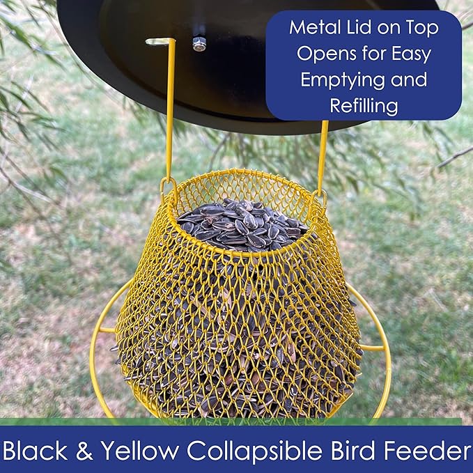 Small Collapsible Mesh Feeder - Yellow and Black Hanging Bird Feeder - Holds 1lb of Sunflower Seeds
