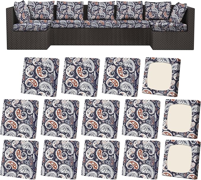 14Pcs Patio Stretch Cushion Covers, Outdoor Couch & Sofa Replacement Slipcovers for Patio Furniture Cushion Covers, Washable Reusable Furniture Protector, Square Large, Blue Paisley
