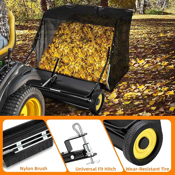 GAOMON 50" Pull-Behind Lawn Sweeper with 27 Cu.ft Large-Capacity Collector — Heavy-Duty Tow-Behind Leaf & Grass Sweeper for Tractors & ATVs, Adjustable Sweeping Height & Easy Dump Rope Design