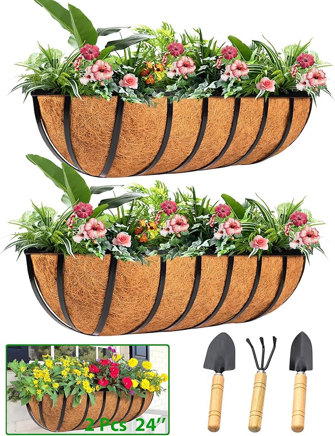 LCHUANG Railing Planter Window Box - 2 Pack 24 Inch Deck Balcony Rail Planter with Coconut Coir Liner, Fence Metal Hanging Flower Basket Deck Railing Planter Boxes for Outdoor Garden