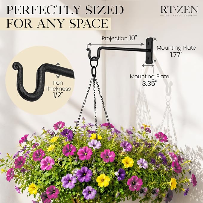 RTZEN Plant Hangers Outdoor or Indoor - Wrought Iron Metal Hanger Indoor Hook - Heavy Duty Wall Bracket Hooks for Hanging Plants Baskets Lanterns Bird Feeders - 2 Pack (Black Shepherds Hooks 10")