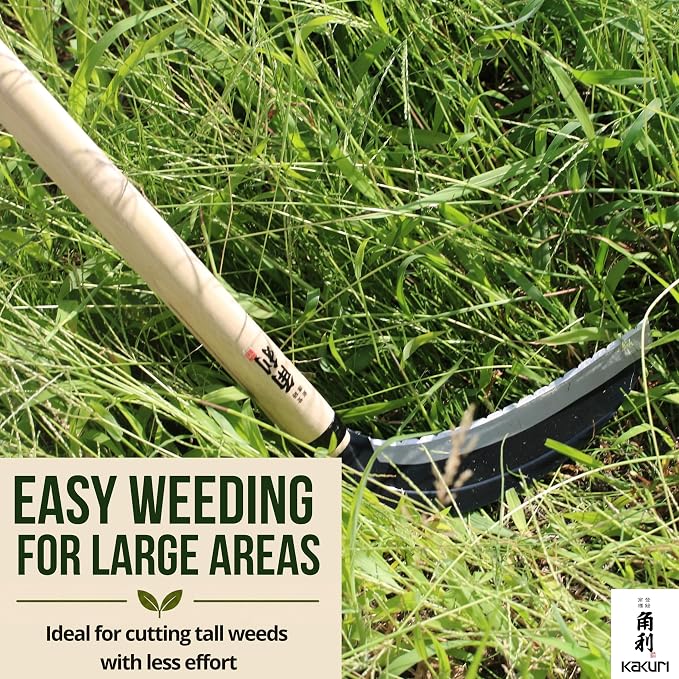 KAKURI Japanese Weeding Sickle Long Handle 45" [Triple Edged Blade] Grass Sickle Stand Up Weeding Tool, Razor Sharp Japanese Carbon Steel Blade, Made in Japan