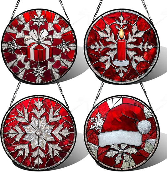 DASTOLL Stained Glass Window Hanging 4 Pcs Set Red Christmas Decorations Theme 7.8" - Suncatcher Door Garden Sun Catcher Decor Birthday for Mom Woman Nana Men Friend Wife