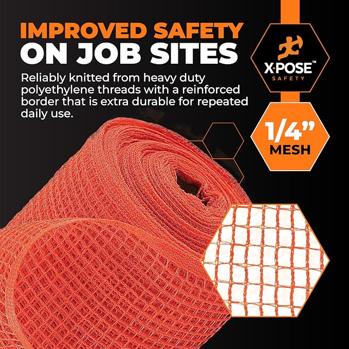 Xpose Safety Construction Safety Netting – 5.5' x 150', 1/4" Mesh Scaffold Safety Net, Temporary Material Roll, Visibility Fence, Heavy-Duty Fire Retardant, Orange