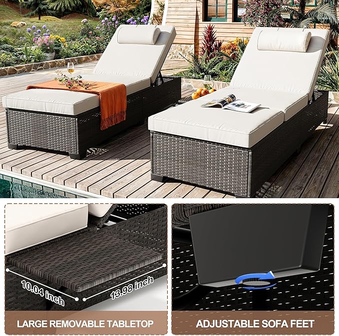 Garvee Outdoor Chaise Lounge Set of 2, 5-Position Adjustable PE Wicker Sun Loungers with Thick Quick-Dry Cushions for Poolside Patio Backyard, Gray