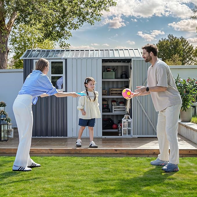 DWVO 8x6ft Metal Outdoor Storage Shed with Window, Lockable Tool Storage Sheds, Oversized Steel Garden Sheds with Sloped Roof for Backyard, Patio, Garage, Lawn (Gray + White)