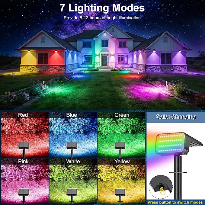 LANSOW 12 Pack Solar Spot Lights Outdoor Color Changing, 7 Modes Waterproof Solar Christmas Landscape Spotlights, LED Solar Powered Flood Lights for Yard Garden Pathway Outside Halloween, Auto ON/Off