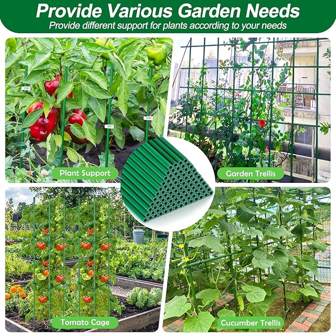 Qinzave 256PCS Garden Stakes Set with 75PCS 16 Inch Fiberglass Plant Sticks and Stake Arms, DIY 4ft 5ft 6ft 7ft 8ft Tomato Stakes, Garden Stakes for Vegetables Tomato Pepper Indoor Outdoor Plants