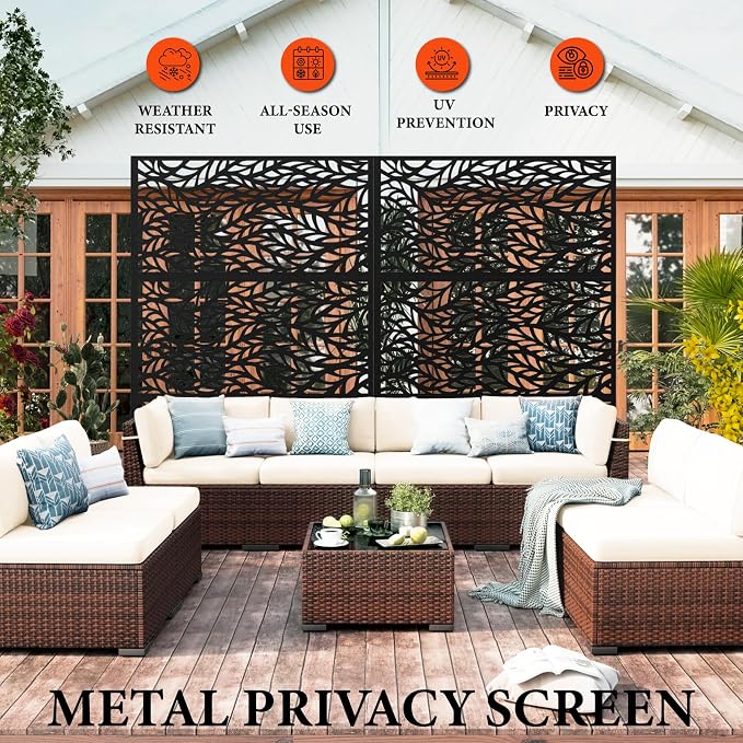Privacy Screen Outdoor Metal Fence Panel, 72" H x 47" W Freestanding Decorative Privacy Fence for Patio, Deck, Balcony, Backyard, Garden with Stable Base