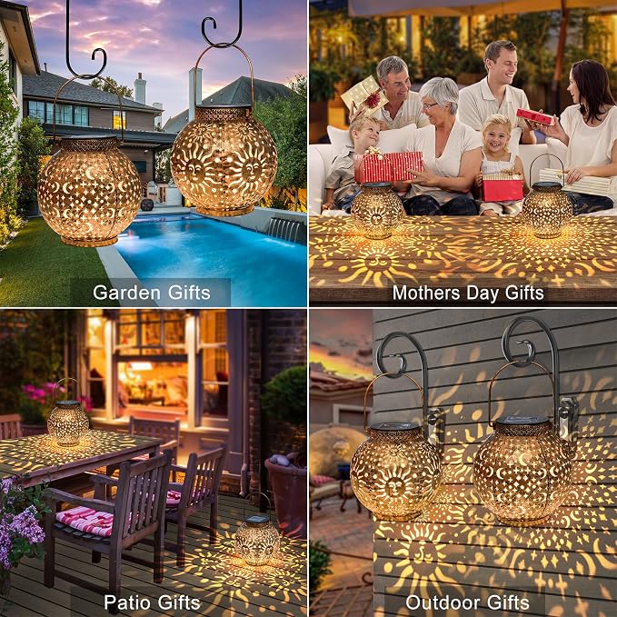 Go2garden 2Pack Solar Lanterns Outdoor Waterproof Mothers Day Gifts for Mom Moon Star Sun Solar Lights for Balcony, Yard,Birthday Gifts for Women Grandma Wife (Bronze)