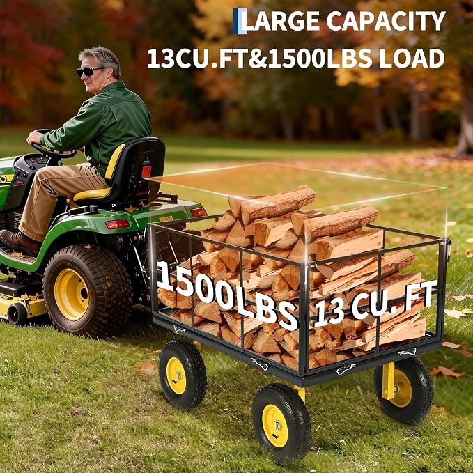 Heavy Duty 1500 Lbs Steel Garden Cart – 3-in-1 Utility Wagon & Trailer with Removable Mesh Sides, 13" All-Terrain Tires, 180° Rotating Handle for Lawn, Yard, Gardening Tasks, Outdoor Hauling