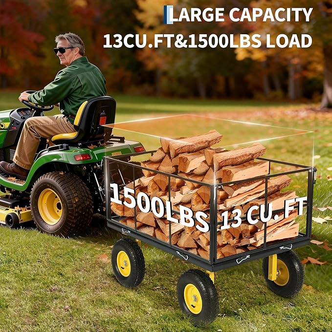 Heavy Duty 1500 Lbs Capacity Mesh Steel Garden Cart Folding Utility Wagon with Removable Sides, Garden Cart on Wheels for Gardening Soil, Tools, and Plant Transport