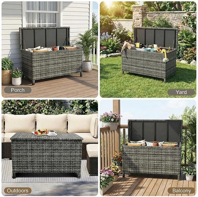 GarveeHome 185 Gallon Wicker Deck Box, All-Weather Outdoor Storage Bin with Rattan Finish, Large Capacity for Patio Furniture, Cushions, Pool Supplies & Garden Tools