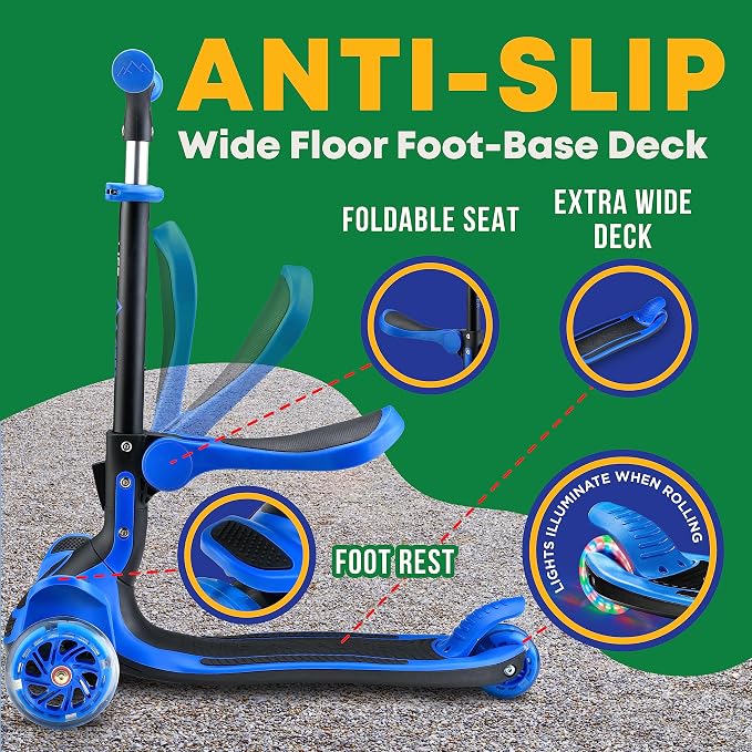 3 Wheel Scooter for Kids with Foldable Seat, Adjustable Handlebar Height, Lean-to-Steer Ride On Toy for Kids Ages 2+, Light-Up LED Wheels, Wide Anti Slip Deck, Indoor & Outdoor Use