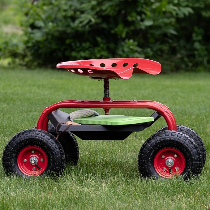 Sunnydaze Rolling Garden Cart with Swivel Seat and Storage - Rolling Garden Seat with Wheels - Gardening Stool with Wheels - Red