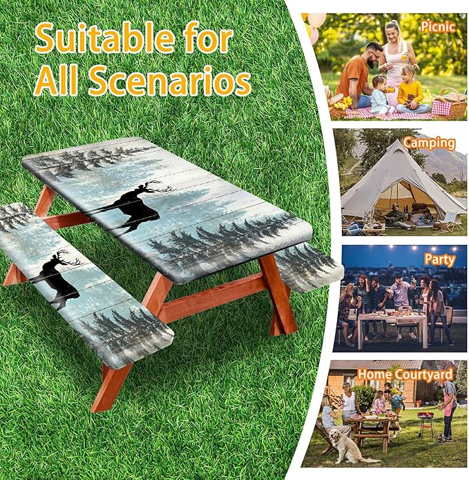 Picnic Table Cover with Bench Covers 72IN 6FT, Camping Essentials Tablecloth Waterproof Oilproof with elastic Edge for Indoor Outdoor Patio (Forest Deer)