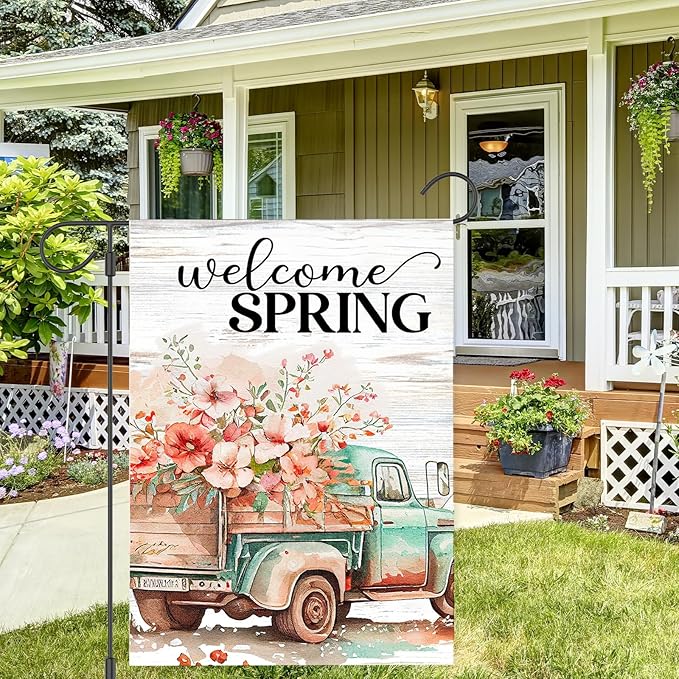 Spring Garden Flags 12"x18" Double Sided Welcome Spring Floral Truck, Burlap Spring Yard Flag for Outdoor Garden Porch Decor