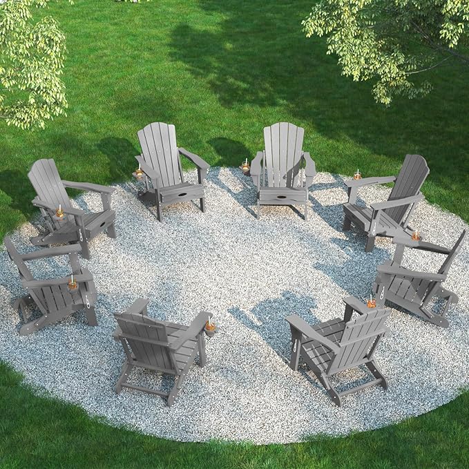 THOEOE Folding Adirondack Chair Set of 8, HDPE All-Weather Outdoor Chair with Cup Holder, Wooden Textured, Fire Pit Chair, Plastic Patio Chair for Deck, Backyard, Garden, Lawn, Grey