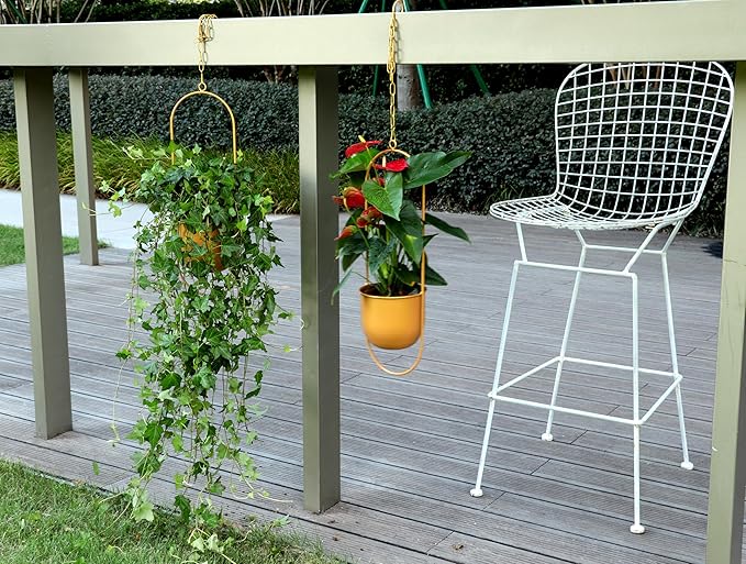 Cornasee 5.5" Gold Metal Hanging Planter for Home Decor/Fence/Balcony/Window,1-Pack Railing Planters Vintage Flower Pot with Detachable Hooks for Herb,Cactus