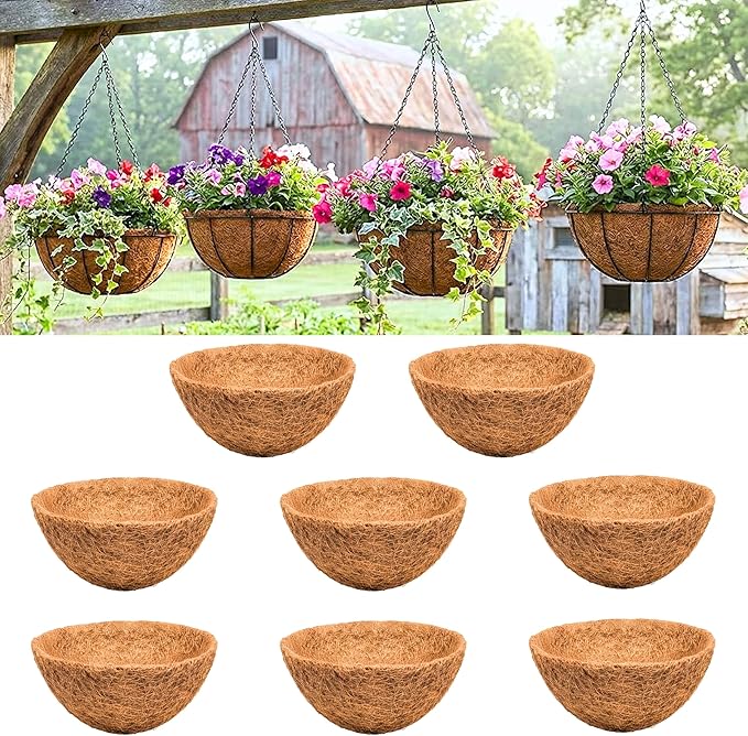 LaLaGreen 14" (8 Pack, Round) Coco Liners for Hanging Basket – Medium Coconut Coir Replacement for Garden Flower Pot, Outside Planter Holder, Farmhouse– Multi Sizes 8/10/12/16/18/20 Inch & Shapes