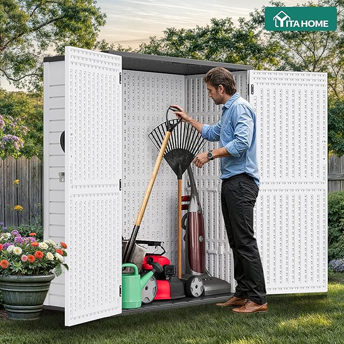 YITAHOME 59 cuft Outdoor Vertical Storage Shed, Tall Storage Shed Outdoor w/o Shelf, Outdoor Waterproof Storage Cabinet for Garage, Pool Storage, Garden Shed Outdoor Storage, Light Gray