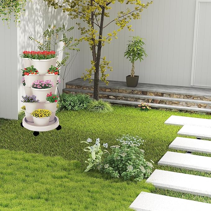 5-Tier Vertical Garden Tower Stackable Planter for Strawberries, Flowers, Vegetables & Herbs 2-Pack Beige