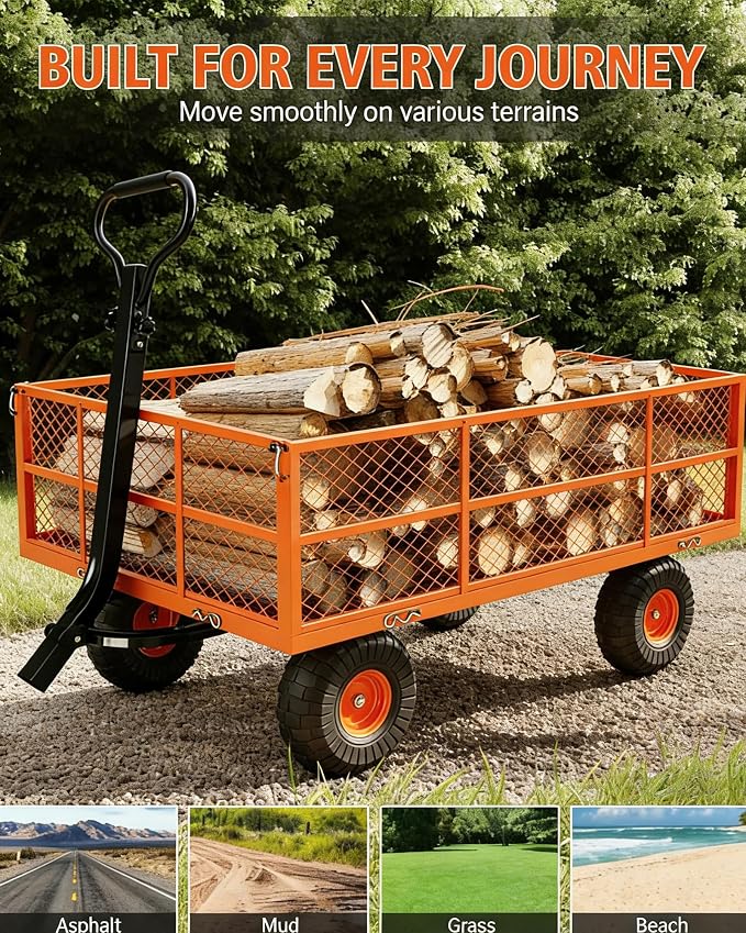 GarveeLife Heavy Duty Steel Garden Cart 1200 LBS Capacity 3 in 1 Pullable Garden Wagon with 13 in Wheels for Gardening Soil, Tools, and Plant Transport
