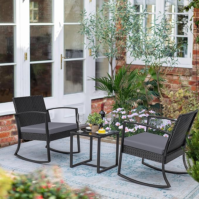 Greesum 3 Pieces Outdoor Furniture Set Patio Bistro Rocking Chairs with Glass Coffee Table for Pool Beach Backyard Balcony Porch Deck Garden, Light Gray