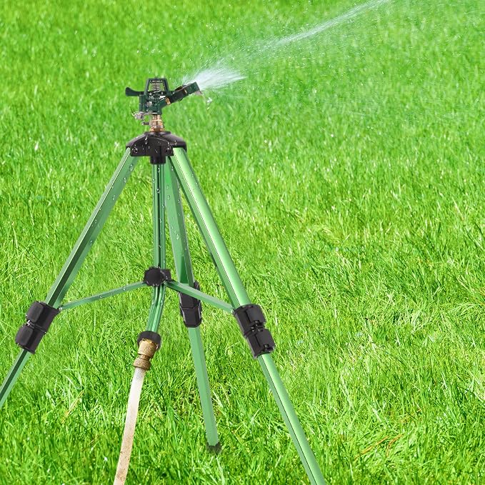 Green Zinc Alloy Water Bird Sprinkler, Heavy Duty Tripod Base Garden Sprinkler, 360 Degree Large Area Irrigation, Durable Flip Lock Legs & Adjustable Nozzle, 2 Pack