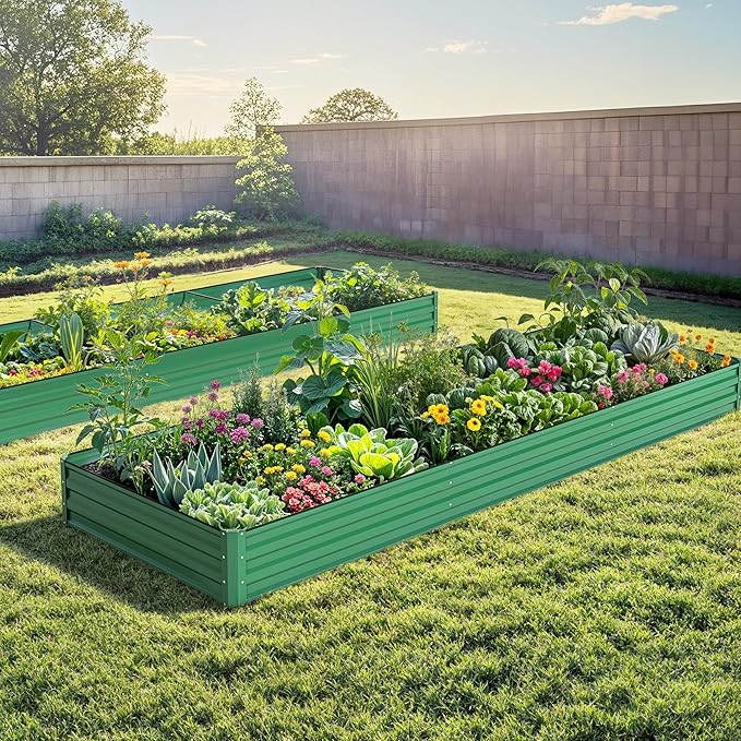 DWVO 12 x 4 x 1 FT Raised Garden Bed Kit, Outdoor Galvanized Flower Bed with Safety Rubber and Gloves, Large Metal Planter Box for Vegetables, Flowers, Herbs, Fruits, Green