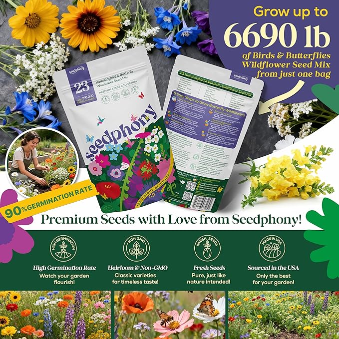 Seedphony 23 Wildflower Hummingbird & Butterfly Mix 4 oz - 100,000 Non-GMO Heirloom Wildflower Seeds for Planting Garden, Perennial Flowers to Attract Bees, Butterflies & Birds in Waterproof Packet
