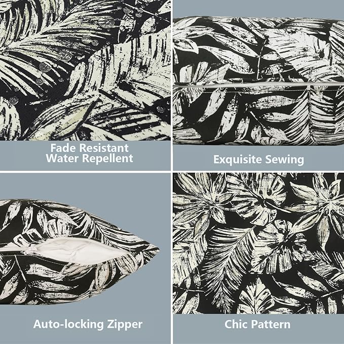 LVTXIII Outdoor Pillow Covers 20x20 Inch, 2 Pack Large Square Throw Pillow Cases, Fade-Resistant Cushion Covers for Patio Furniture Sofa, Garden Porch, Tropical Leaf Black