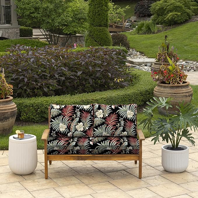 Arden Outdoor Loveseat Cushion Set, 48 x 24, Rain-Proof, Fade Resistant, Cushion Set for Couch, Bench, and Swing Simone Black Tropical