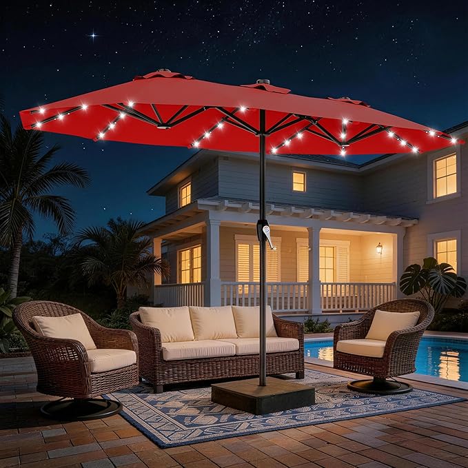 AreShark 15FT Patio Umbrella with Solar Lights, Double Sided Outdoor Table Umbrellas with Crank, Large Rectangular Market Umbrella for Porch, Lawn, Pool, Backyard, Red