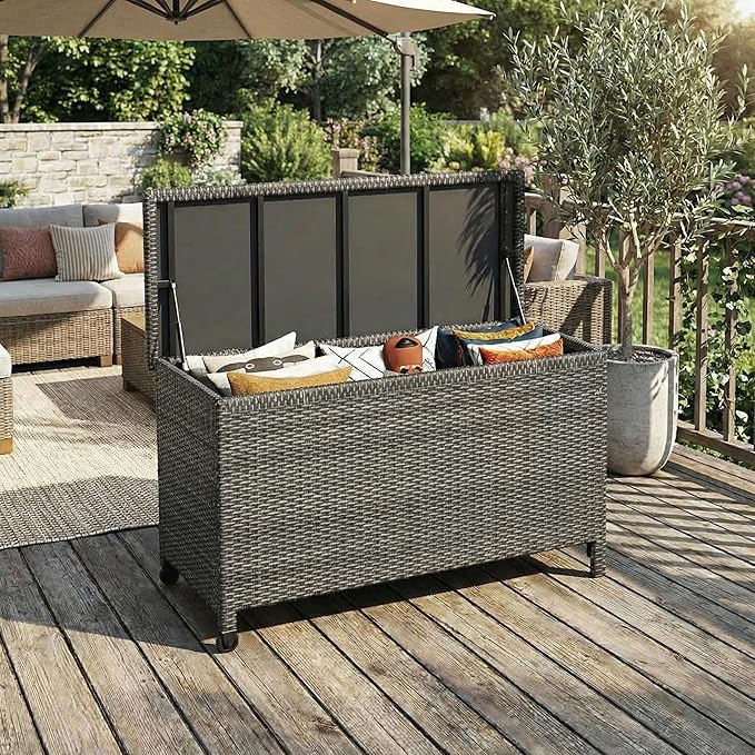 Wicker Deck Box, 125 Gallon All-Weather Outdoor Storage Box, Rattan Storage Bin for Patio Furniture, Outdoor Cushions, Pool Storage and Garden Tools, Grey