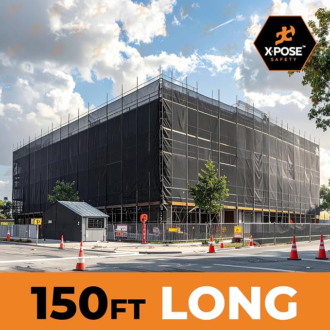 Xpose Safety Construction Safety Netting – 8.5' x 150', 1/4" Mesh Scaffold Safety Net, Temporary Material Roll, Visibility Fence, Heavy-Duty Fire Retardant, Black
