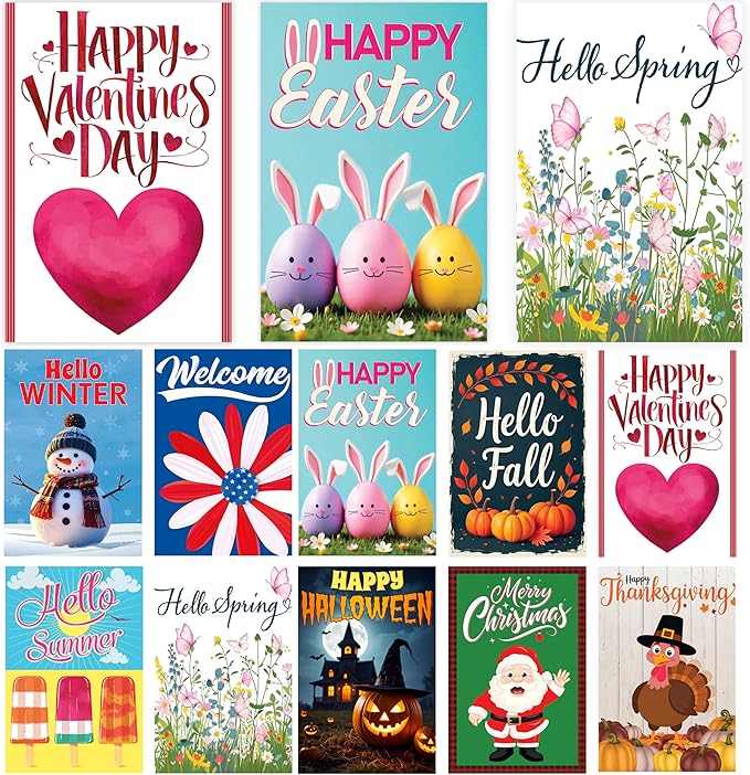 VAPARA DESIGNS Set of 10 Seasonal Garden Flags - 12"x18" Double Sided Garden Flags for Outside - Winter, Summer, Fall, Spring, Halloween, Christmas, Easter, Thanksgiving, Valentines Day, 4th of July