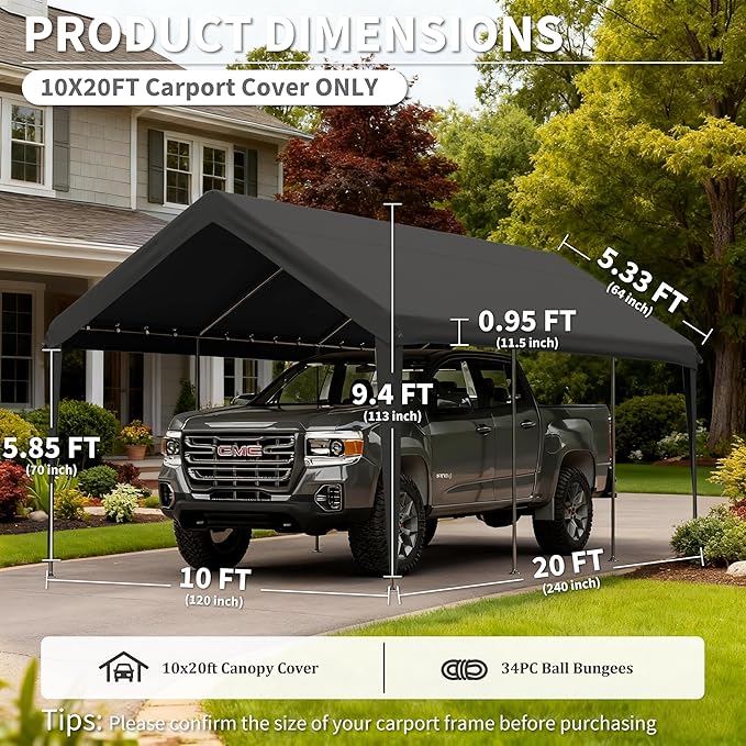 Carport Replacement Canopy Cover 10'x20' for Tent Top Garage Shelter Cover, 800D Heavy Duty Oxford Waterproof & UV Protected Car Canopy Tarp with Ball Bungees (Frame is not Included)