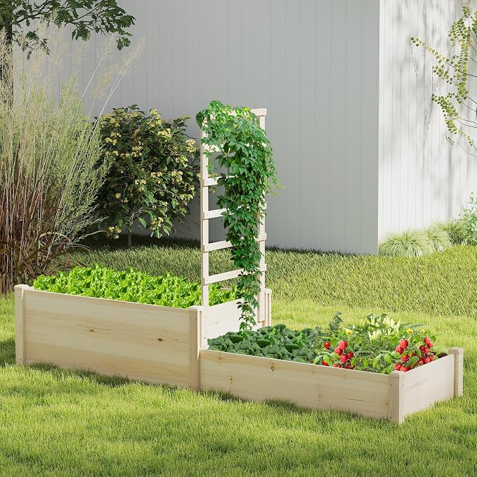 Giantex Wooden Raised Garden Bed with Trellis & 2 Planter Boxes, Raised Bed for Vegetables Flowers Vine Fruits Herbs Gardening Planting, Outdoor Garden Box for Patio Backyard Lawn