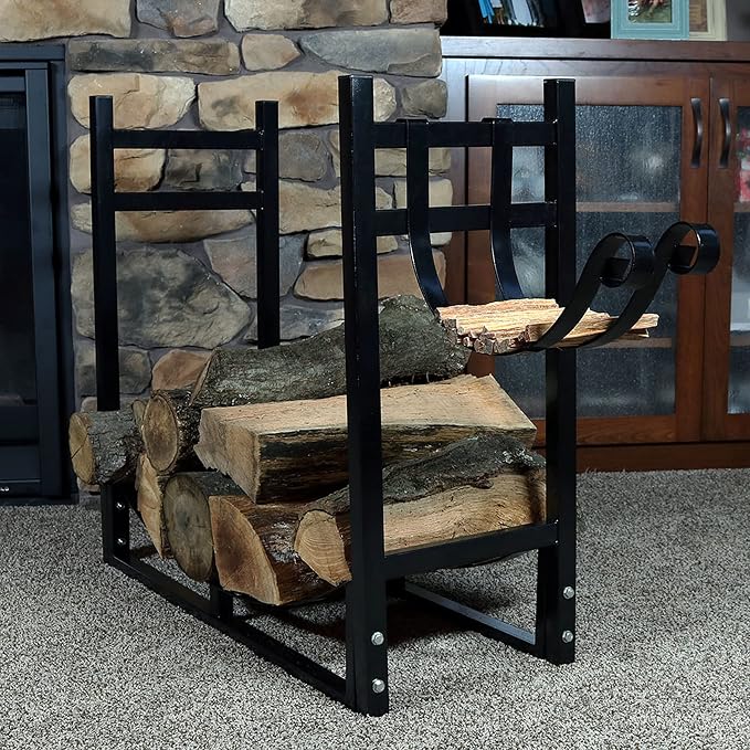Sunnydaze 33" Indoor Firewood Rack with Kindling Log Holder - Heavy-Duty Outdoor Wood Storage for the Fire Pit or Fireplace - Black