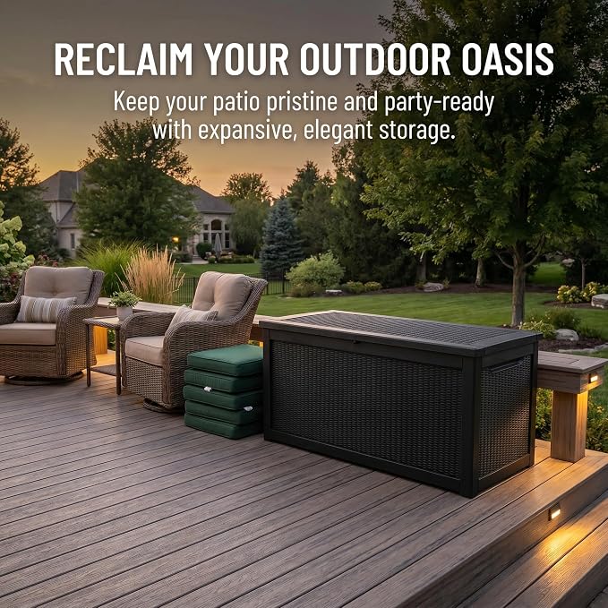 260 Gallon Deck Box, Waterproof Resin Outdoor Storage Box Lockable for Patio Furniture, Fade Resistant Patio Side Table & Organizer for Garden Tools, Pool Floats, Outdoor Cushions, Black