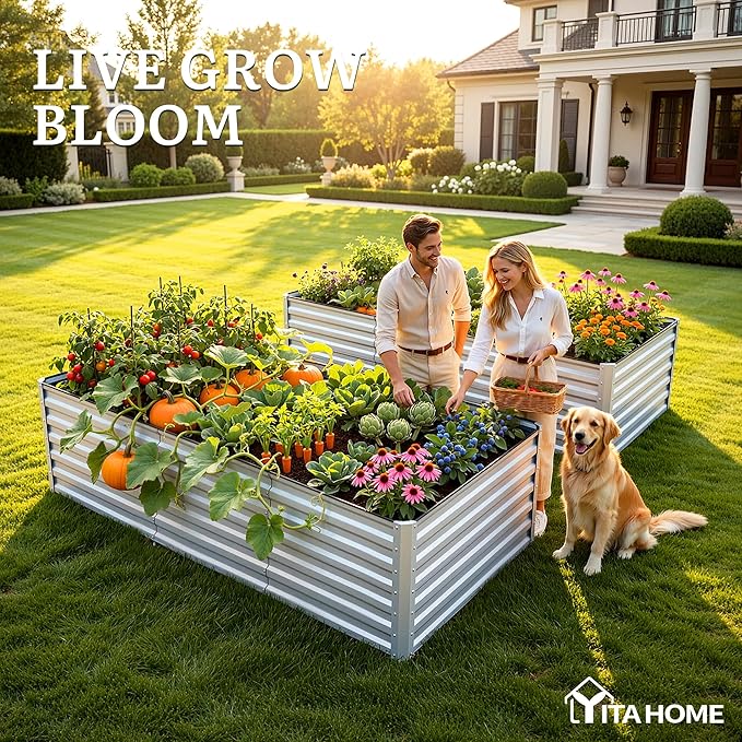 YITAHOME 8x4x2 ft Galvanized Raised Garden Bed Kit, Large Metal Planter Box with Gloves, Safety Rubber & Support Rod, Outdoor Flower Bed for Plants Vegetables, Silver