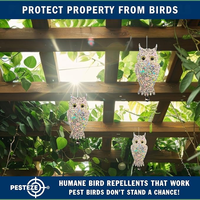 PESTEZE USA Owl Bird Deterrent Reflective Hanging Decoy Repellent with Bell, 4 Pack 6 x 13.5 in Shiny Scare Device Keep Birds Away Outdoor Porch Garden Yard Patio Protect Property