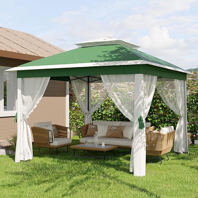 GarveeLife 11'x11 Pop-Up Gazebo, Instant Outdoor Canopy Tent with Mosquito Nettings, Durable Steel Frame, Water, and UV Proof, for Patio, Garden, Courtyard, Party (Green)