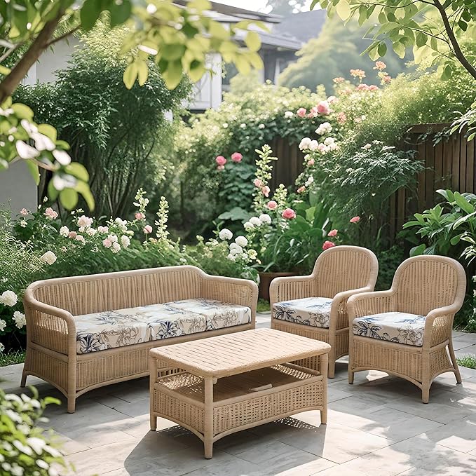 FORCHEER Waterproof Patio Cushion Covers, Floral Printed Stretch Outdoor Cushion Covers for Patio Furniture, Wicker Rattan Sofa Covers Set of 3