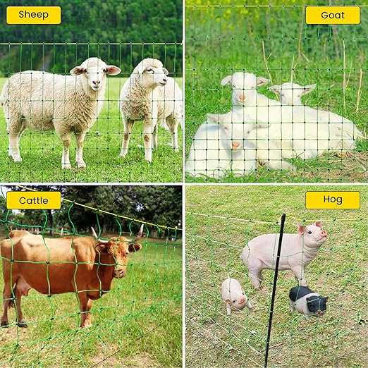 Electric Fence Netting, 164'L x 35.4" H Movable Livestock Nets for Sheep, Hogs, Cattle, PE Net Fencing Kit with 14 Posts Double Spiked, Electric Fencing for Backyards, Homesteaders, Farms Ranches