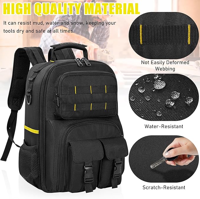 Tool Backpack for Men, Heavy Duty Tool Bag with Removable Tool Organizer, Durable Water-Resistant Work Backpack, Upgrade(Black & Yellow)