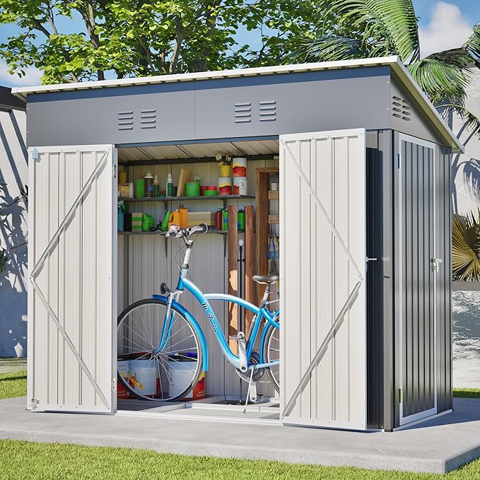YOPTO 4x8 FT Outdoor Storage Shed,Slope Roof Storage Metal Garden Shed Steel with Reinforced Beams,All Weather Waterproof Garden Tool House W/Lockable Door & 4 Air Vents,for Backyard,Patio,Lawn,Grey